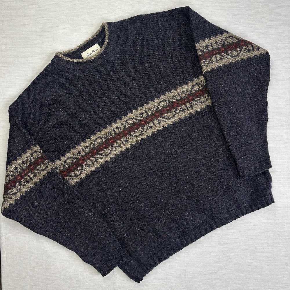 Vtg 90s Eddie Bauer Sweater Knit Crewneck Fleck Nordic Runes Men L Gray Brown
